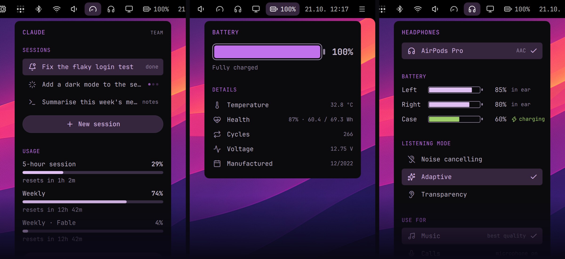 The Claude, Battery and Headphones menus