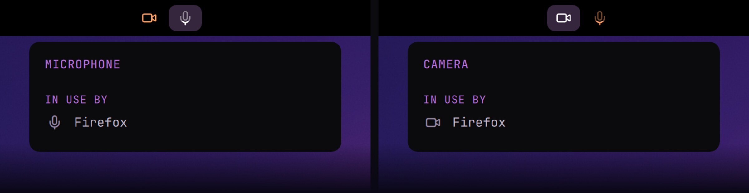 The Microphone and Camera menus while Firefox uses them