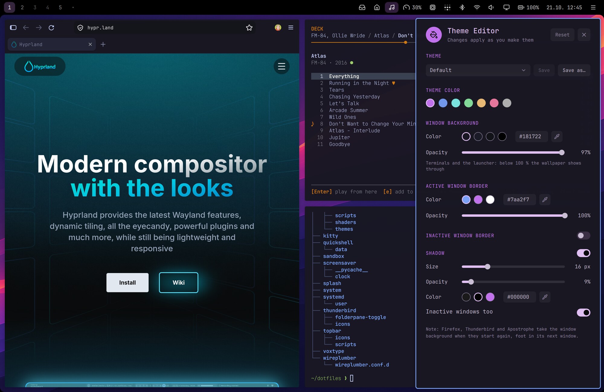The Nightdrive desktop with Theme Editor open at the right edge, next to Firefox, the Deck music player and a terminal