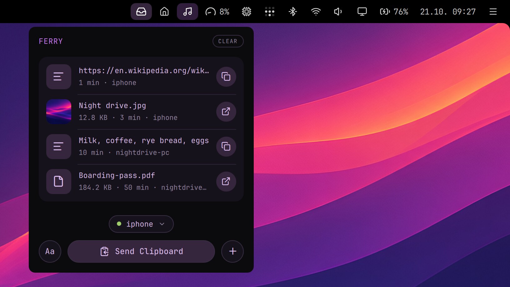 Ferry's menu in Nightdrive's top bar: a link and a photo from the iPhone, a shopping list and a PDF from another computer, and Send Clipboard