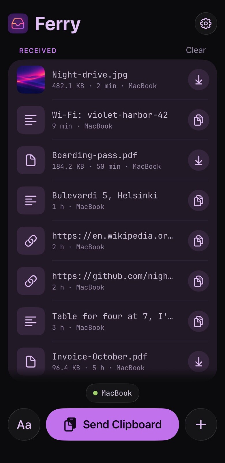 Ferry on an iPhone: a photo, a Wi-Fi password, a boarding pass, an address and links received from a MacBook, and the Send Clipboard button