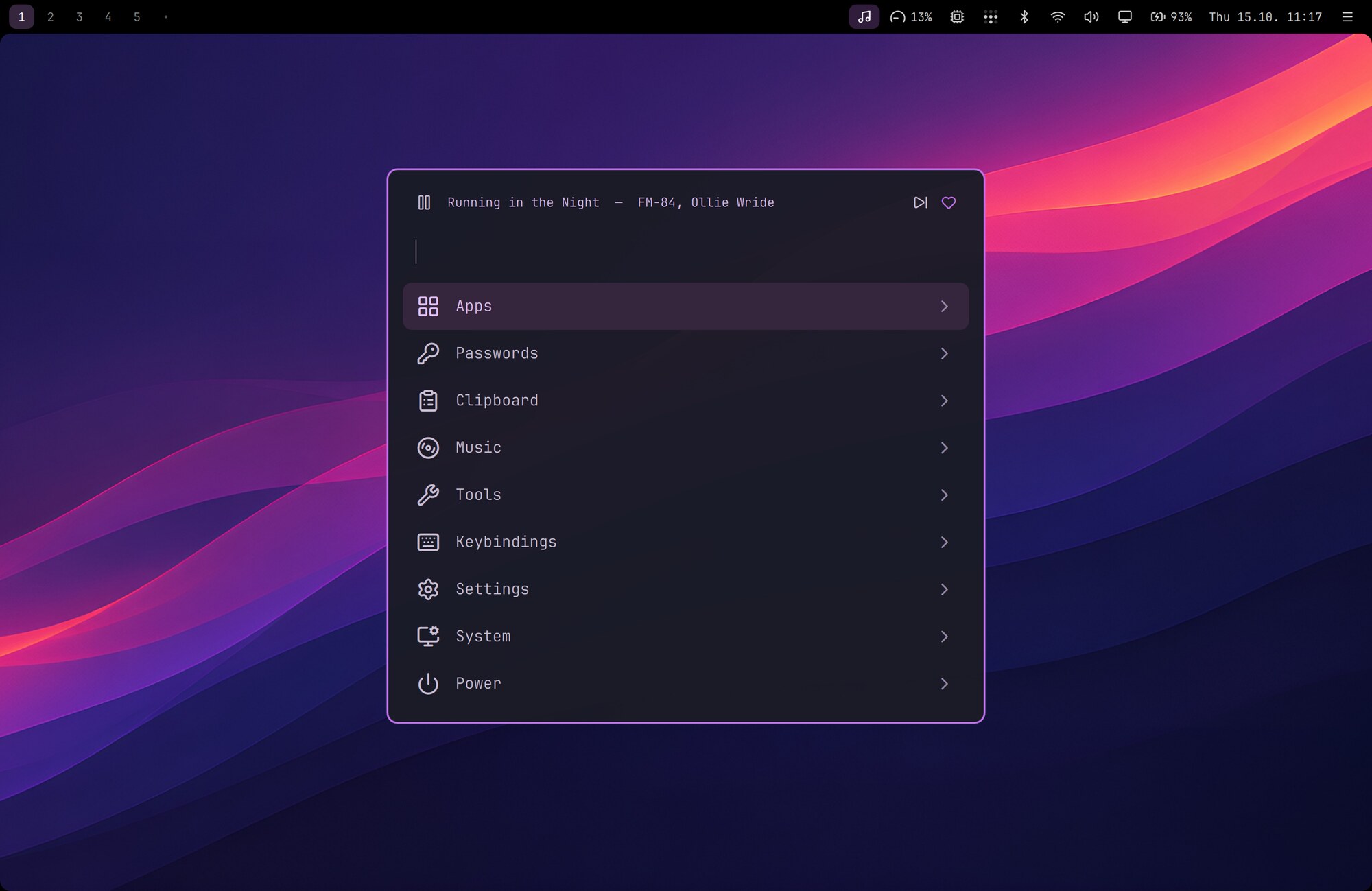 The Nightdrive launcher over a violet synthwave wallpaper