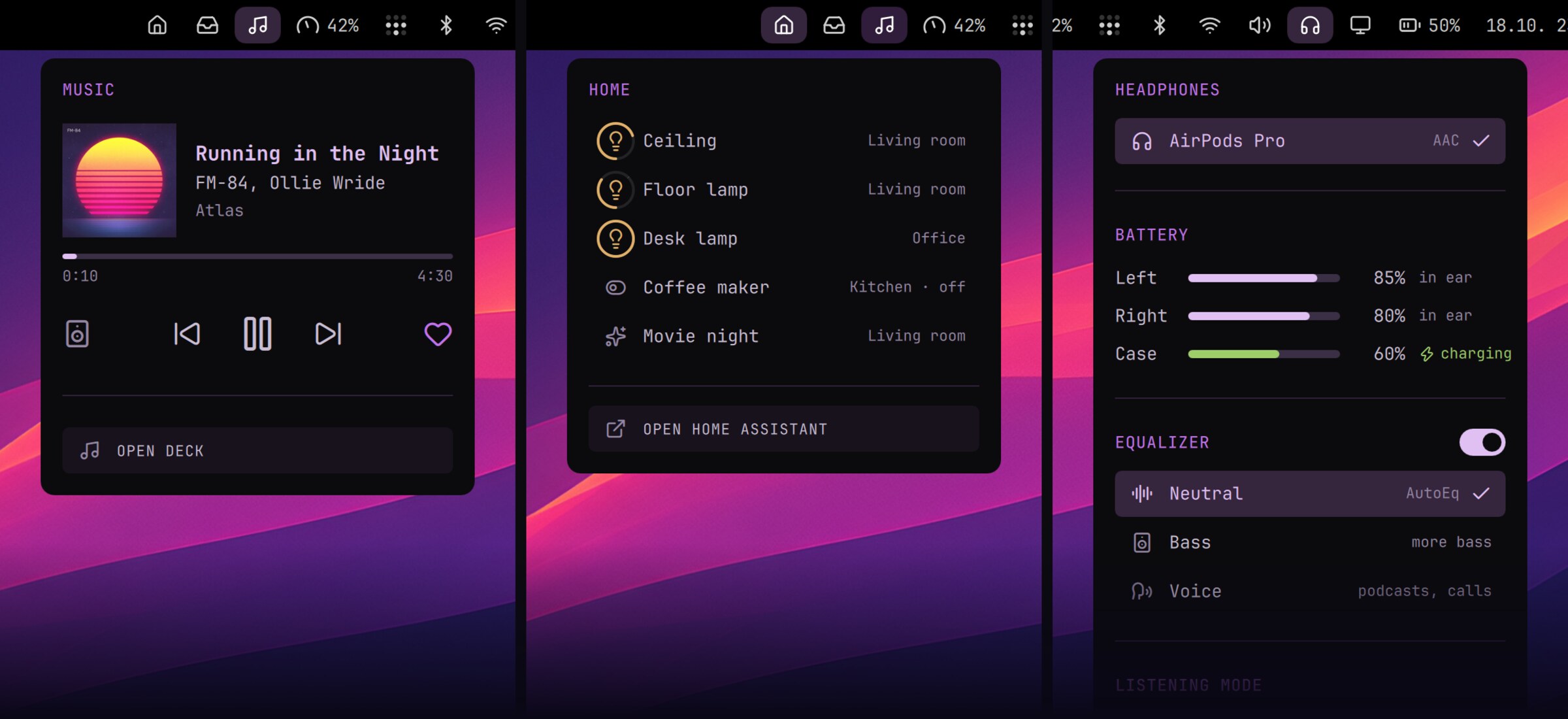 Top bar menus: music with the album cover, home with lights and a scene, and headphones with battery, EQ and listening mode