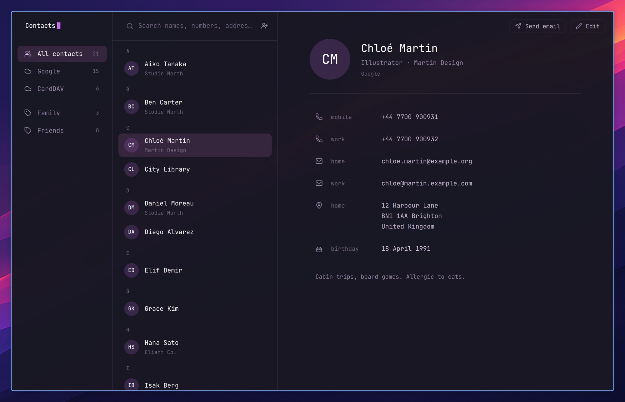 Contacts with the accounts and groups, the list, and a contact's card open