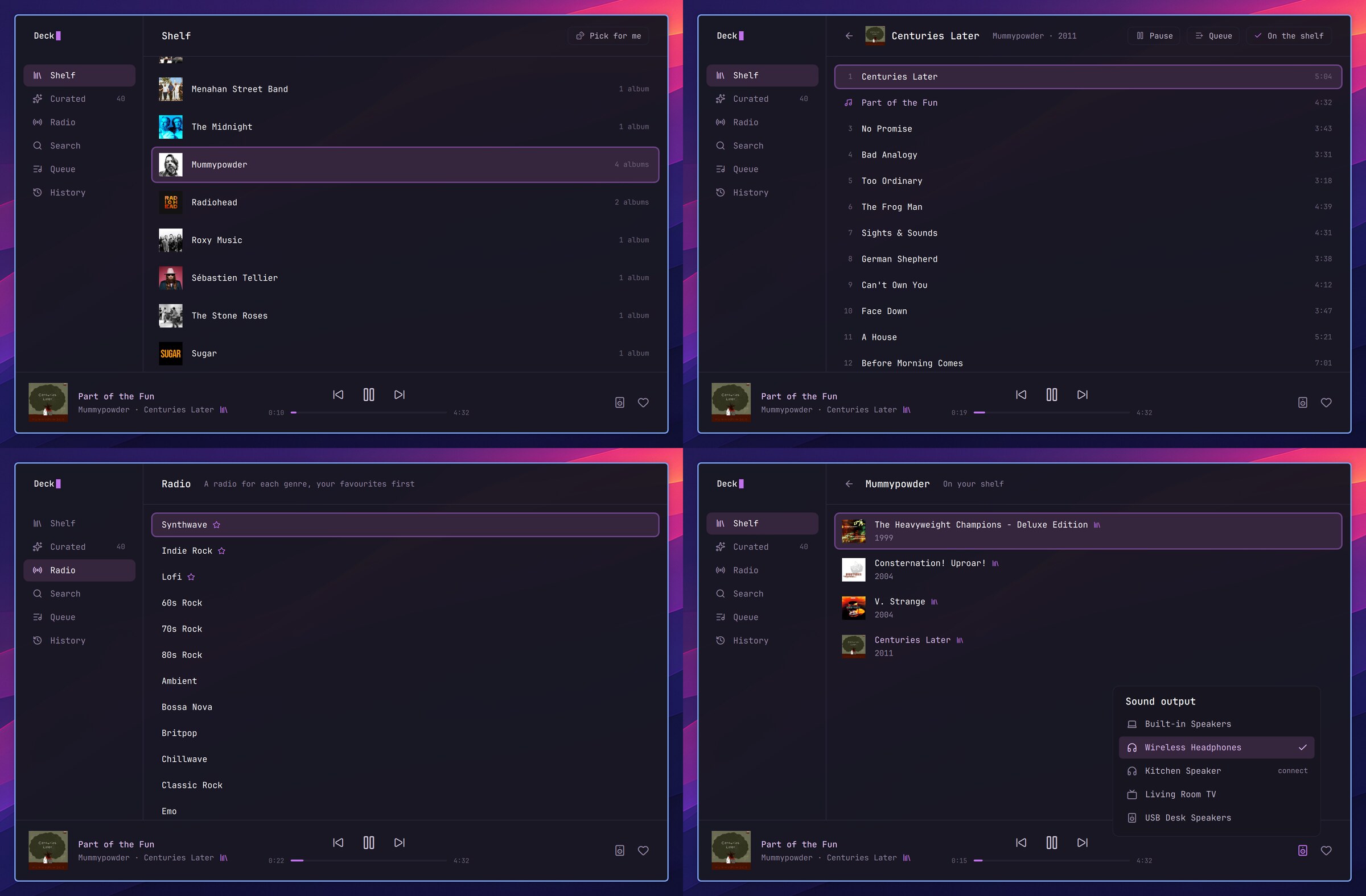 Deck's window four times: the shelf, an album playing, the genre radio, and picking where the sound plays