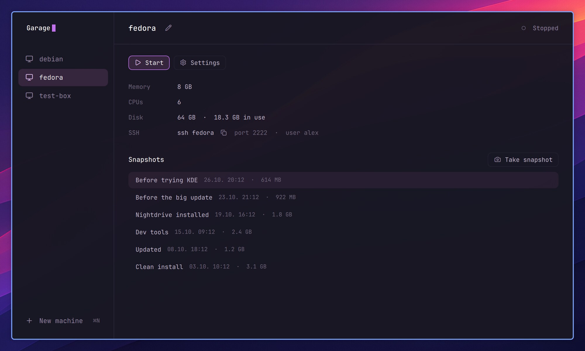 Garage with three virtual machines, one of them open with its settings and a list of snapshots